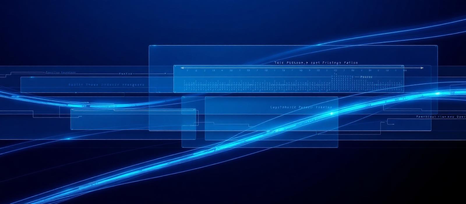 Abstract layered data panels and flowing light lines representing systems integration
