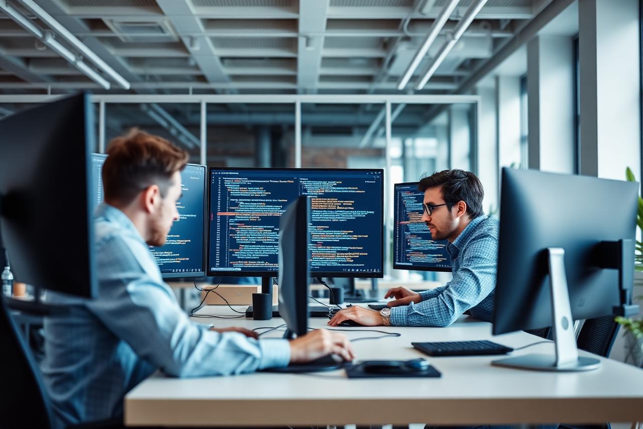 Two software engineers reviewing application code on large monitors in an office